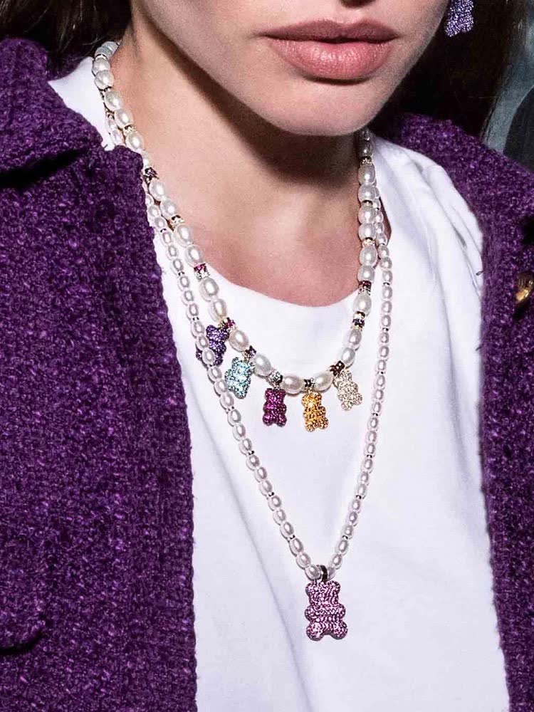 APM Monaco Pearl and Crystal Bear Charm Necklace